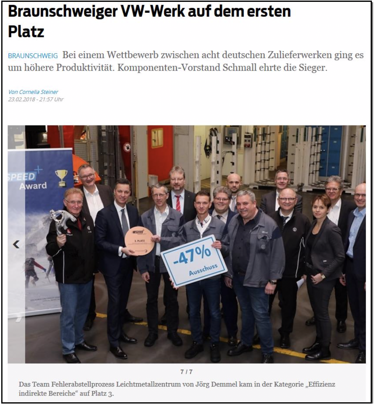 Volkswagen Speed Award 2018 | Brunswick, Germany | Awarded Team Dr. Jorg Demmel reduced waste  by 47 % 